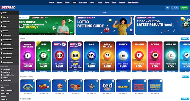 Screenshot of main UK lotto betting area at Betfred Lotto