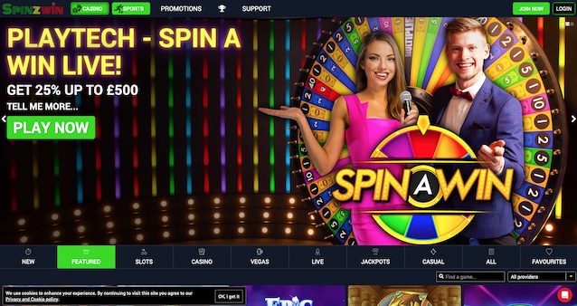 Screenshot of Spinzwin Casino's main homepage, showcasing its sleek interface, featuring popular slot games and welcome offers, optimised for UK online casino players.