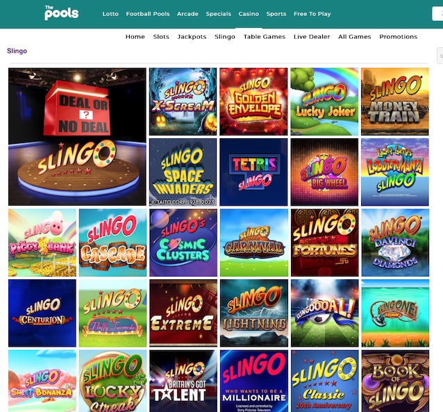 Slingo games selection at The Pools Casino featuring a mix of slots and bingo gameplay