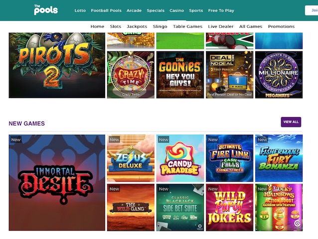 Screenshot of The Pools Casino homepage highlighting user-friendly interface and game selection in online casino review.