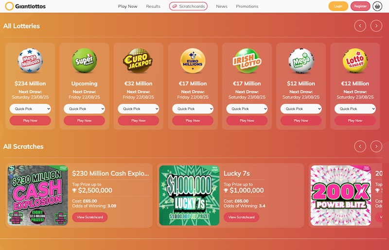 Giant Lottos homepage showing international lottery tickets and online scratch cards for players