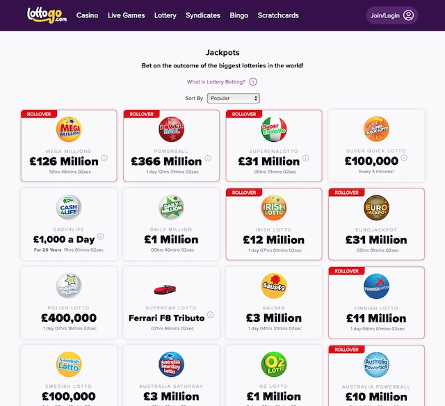 Screenshot of LottoGo UK showing available lottery games in 2025, including EuroMillions, USA Powerball, Mega Millions, SuperEnaLotto, EuroJackpot, UK Lotto, and other international draws.