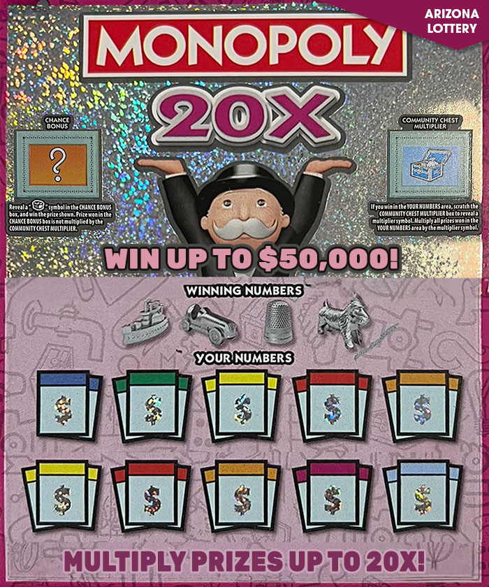 Monopoly 20X online scratch card game at Giant Lottos with $50,000 jackpot, Chance Bonus feature and multipliers