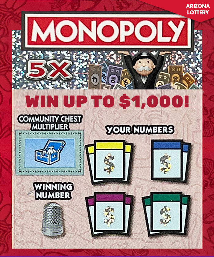 Monopoly 5X online scratch card at Giant Lottos with $1,000 jackpot and Community Chest multiplier feature