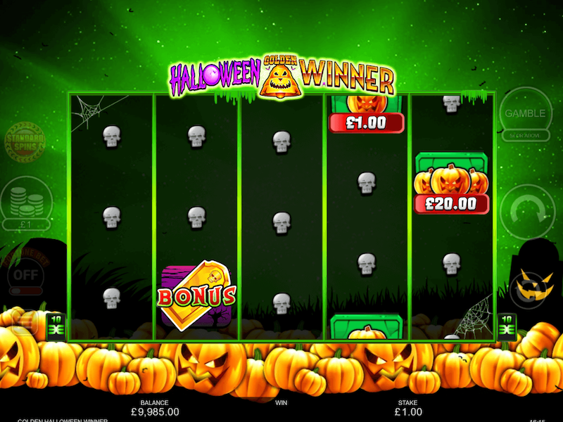 Golden Halloween Winner Slot by Inspired Gaming — spooky 5x3 Halloween slot with pumpkins, cash collector trail, and Halloween free spins at LottoMart UK