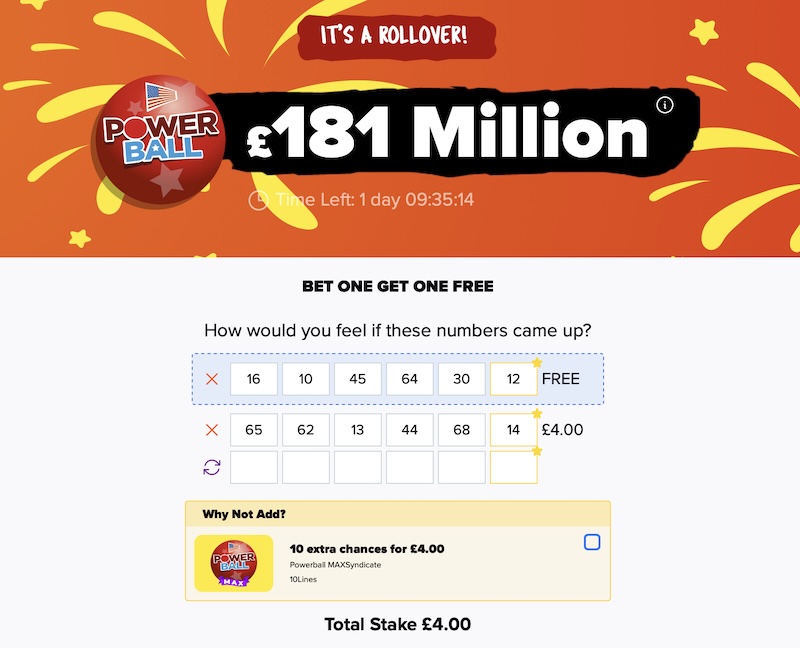 LottoGo Halloween Powerball promotion — buy one lottery bet get one free with Powerball jackpot at £181 million and haunted house theme, plus Powerball Max Syndicate for extra chances to win.