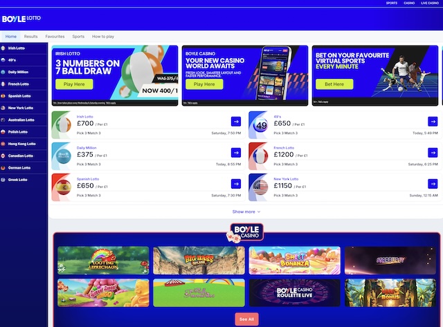 BoyleSports Lotto homepage showing UK lottery betting options including Irish Lotto, New York Lotto and 49’s draws