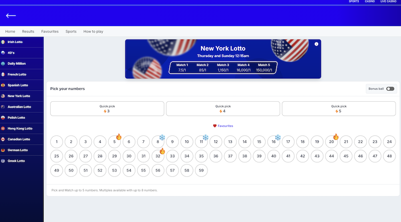 BoyleSports Lotto online betting slip for New York Lottery showing fixed-odds number selections for UK players